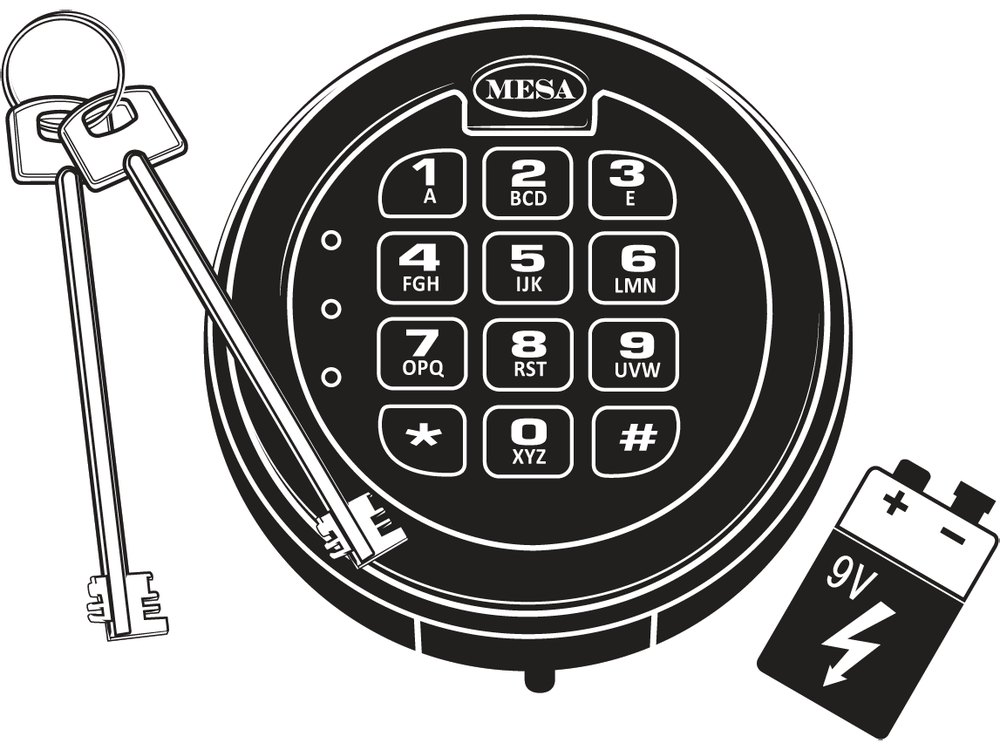 Mesa MSL-5 keypad drawing with the override keys and a 9-volt battery