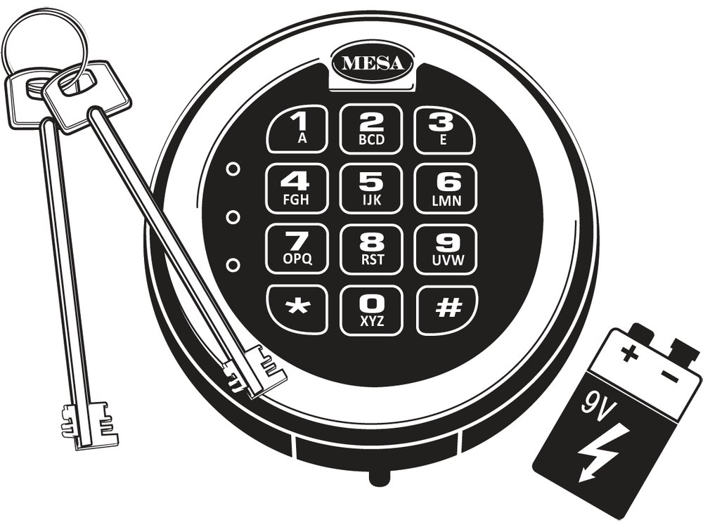 Mesa MSL-500 keypad drawing with three small lights at the left and a 9-volt battery