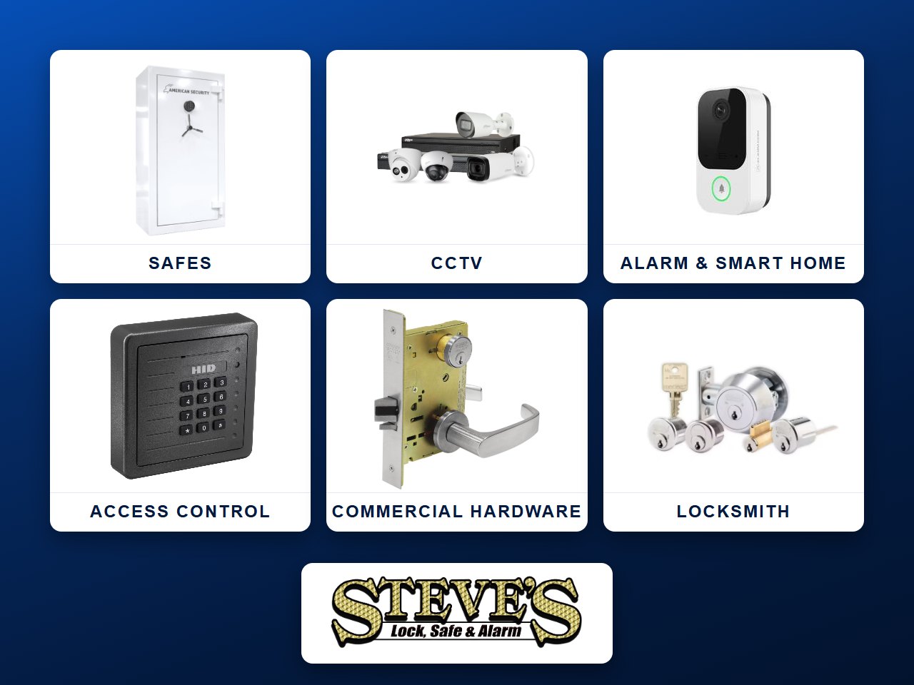 Safes, CCTV, alarm and smart home, access control, commercial hardware and locksmith products from Steve's Lock, Safe & Alarm